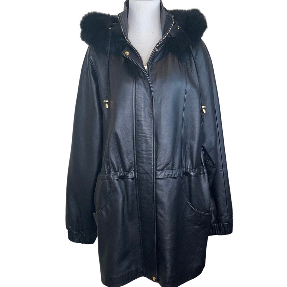 Worthington Lambskin Leather Coat Fur Lined Hood Drawstring Waist Size M - Picture 3 of 17